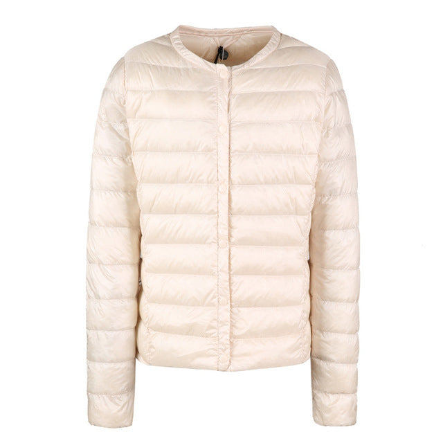 Street-wave Down Puffer Jacket Slim Collarless Packable Warmth For Women Lightweight Elegant Essential