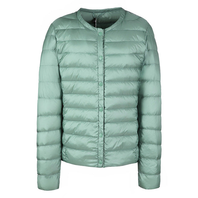 Street-wave Down Puffer Jacket Slim Collarless Packable Warmth For Women Lightweight Elegant Essential