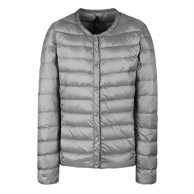 Street-wave Down Puffer Jacket Slim Collarless Packable Warmth For Women Lightweight Elegant Essential