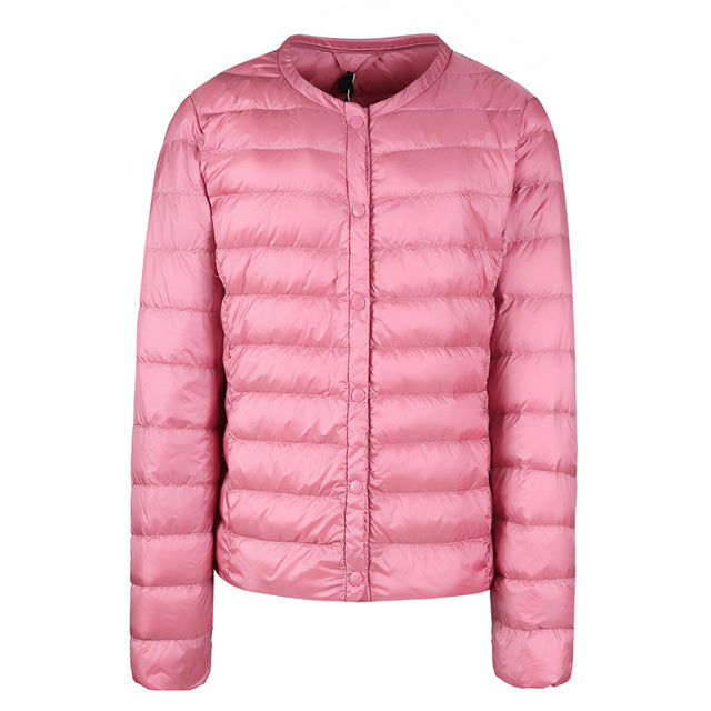 Street-wave Down Puffer Jacket Slim Collarless Packable Warmth For Women Lightweight Elegant Essential