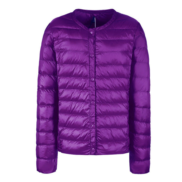 Street-wave Down Puffer Jacket Slim Collarless Packable Warmth For Women Lightweight Elegant Essential