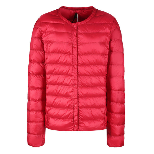 Street-wave Down Puffer Jacket Slim Collarless Packable Warmth For Women Lightweight Elegant Essential