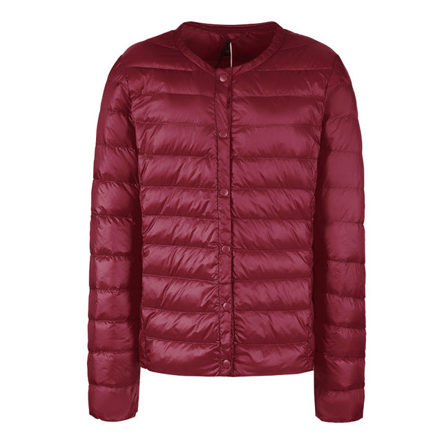 Street-wave Down Puffer Jacket Slim Collarless Packable Warmth For Women Lightweight Elegant Essential