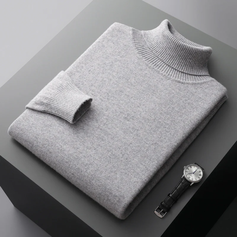 Theodore Regular Fit Ribbed Turtleneck Merino Wool Sweater For Men Solid Hip Length