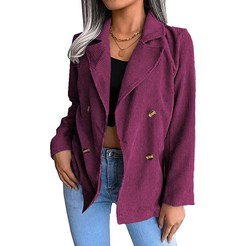 Street-Wave Corduroy Double-Breasted Blazer for Women, Tailored Fit, Classic Lapel