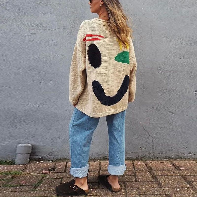 Omer Cozy Boho Sweater For Women Soft Oversized Knit Pullover With Colorful Abstract Design
