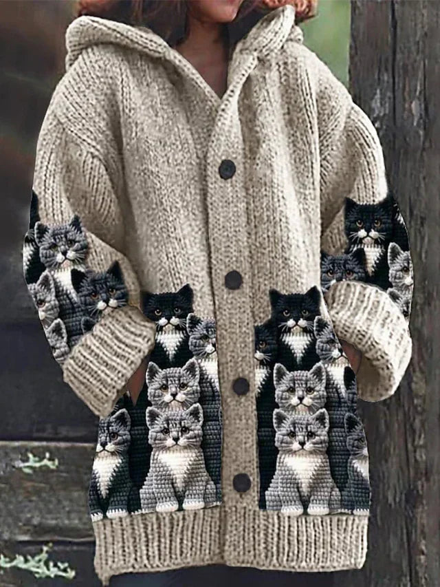 Street-wave Women's Knit Cardigan Jacket With Cat Pattern Versatile All-Occasion Comfort and Style