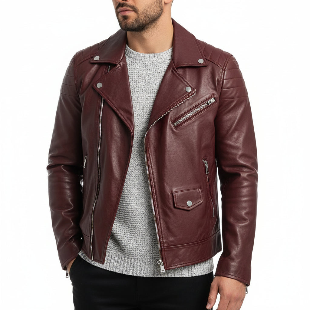 Street-Wave Mens Leather Biker Jacket With Slim Fit Asym Zip Quilted Shoulders