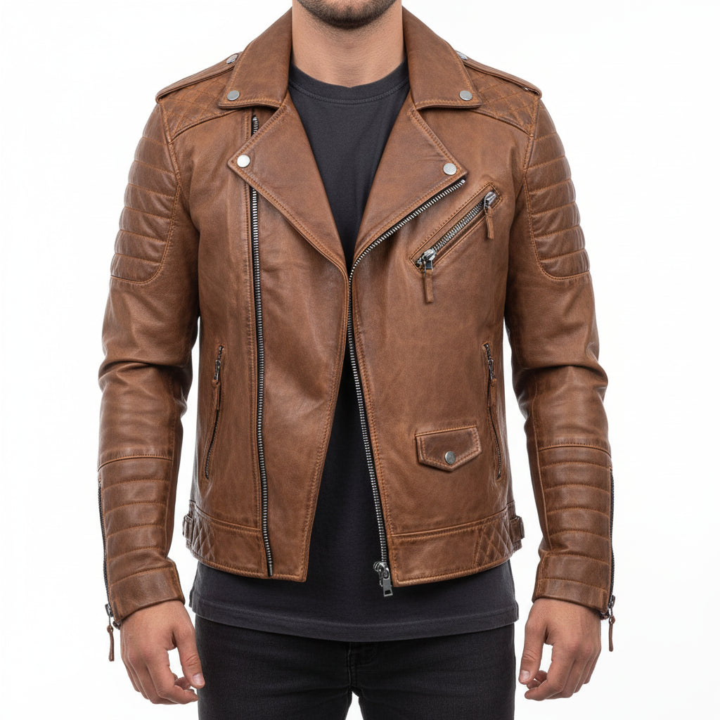 Street-Wave Mens Leather Biker Jacket With Slim Fit Asym Zip Quilted Shoulders