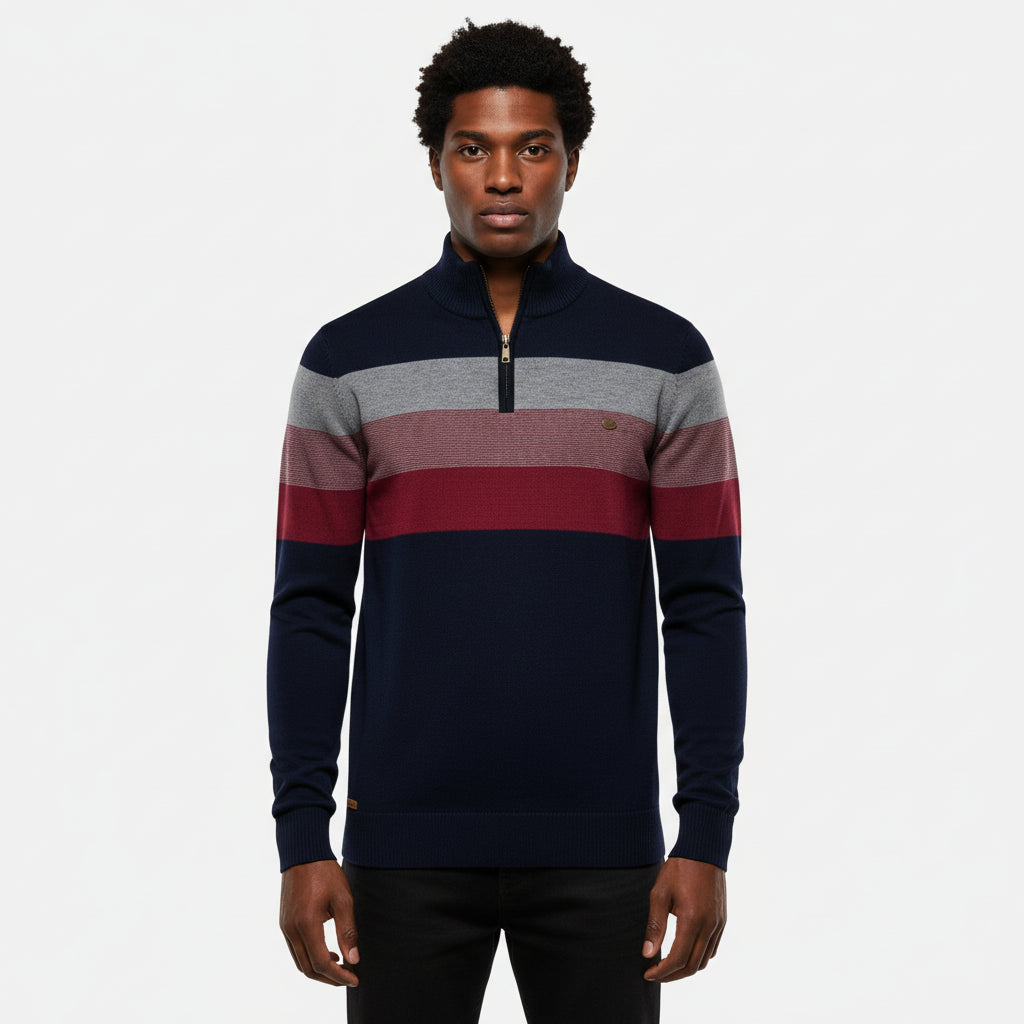 Mens Striped Quarter Zip Sweater Street Wave Ribbed Knit Warm Casual Layer