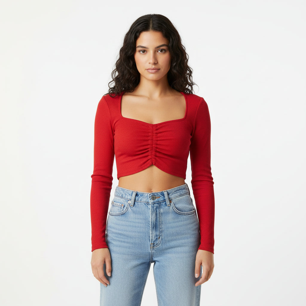 Street Wave Womens Long Sleeve Crop Top Drawstring Ruched