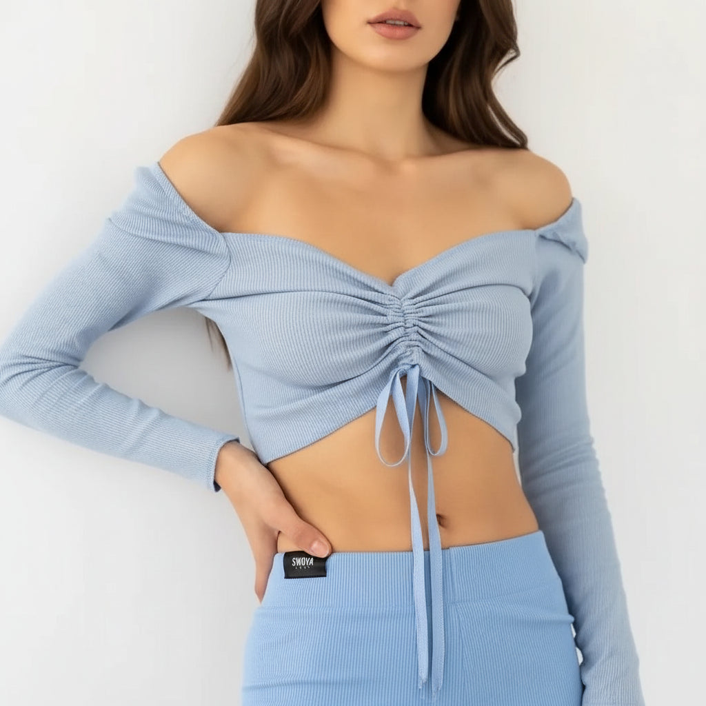Street Wave Womens Long Sleeve Crop Top Drawstring Ruched