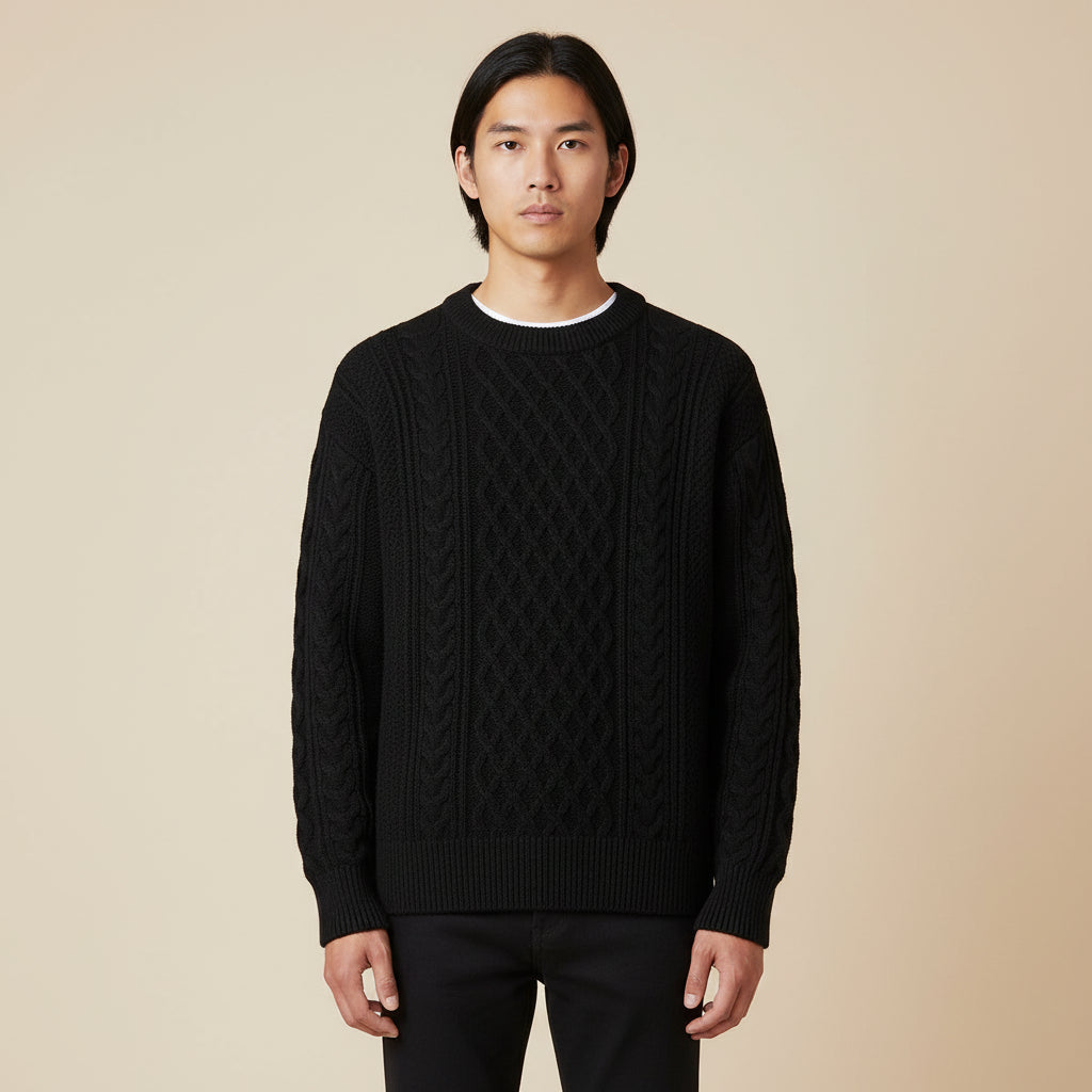 Men's Cable Knit Crewneck Sweater Street-Wave Relaxed Fit