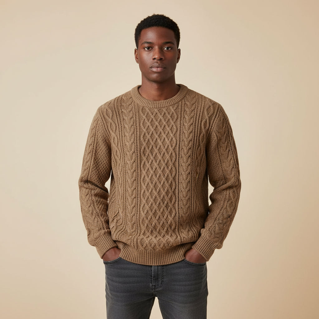 Men's Cable Knit Crewneck Sweater Street-Wave Relaxed Fit
