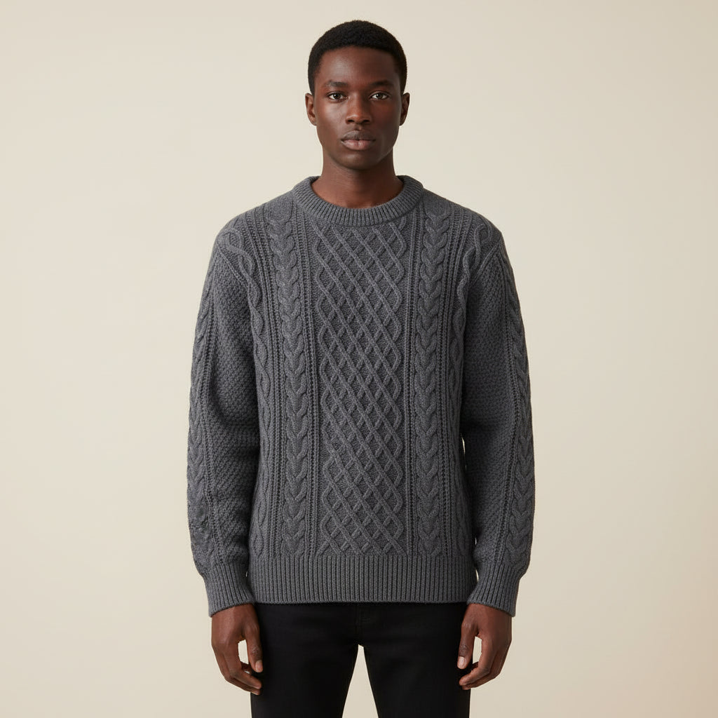 Men's Cable Knit Crewneck Sweater Street-Wave Relaxed Fit