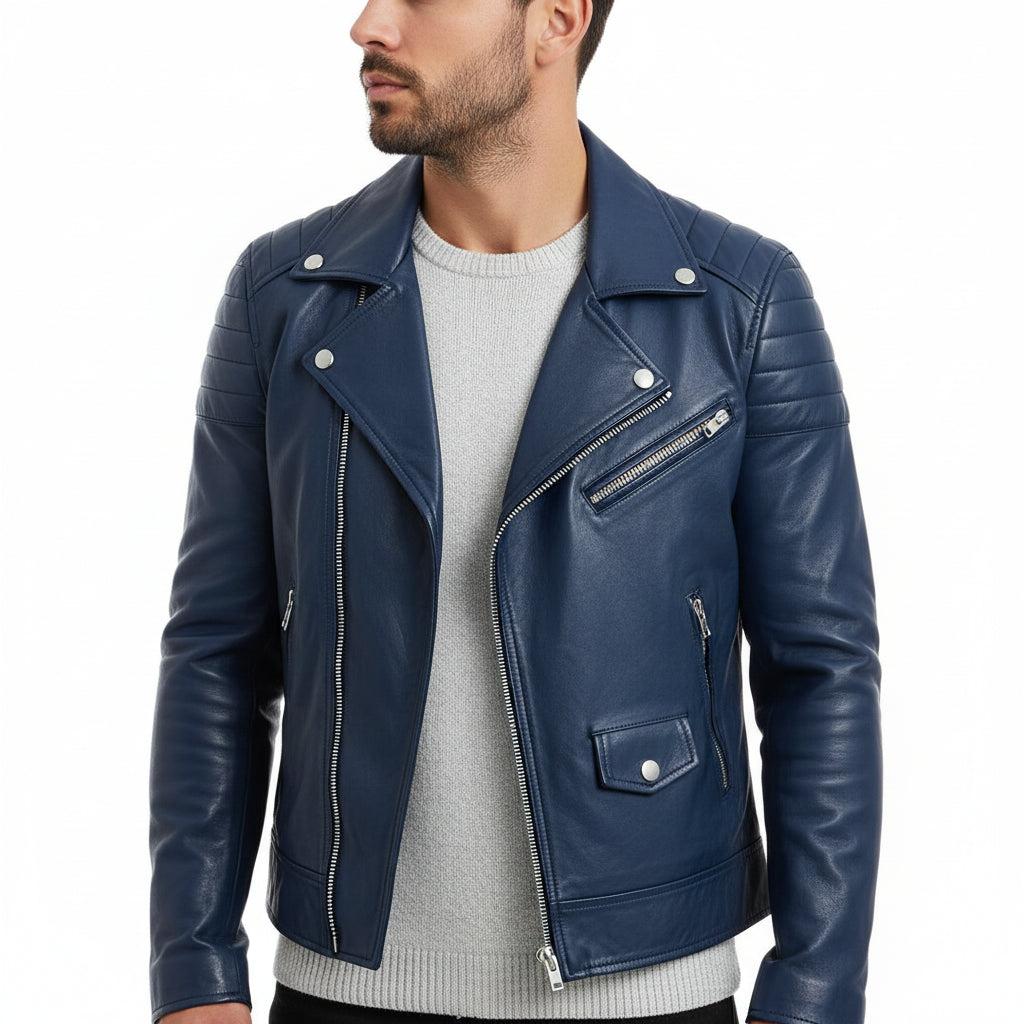 Street-Wave Mens Leather Biker Jacket With Slim Fit Asym Zip Quilted Shoulders