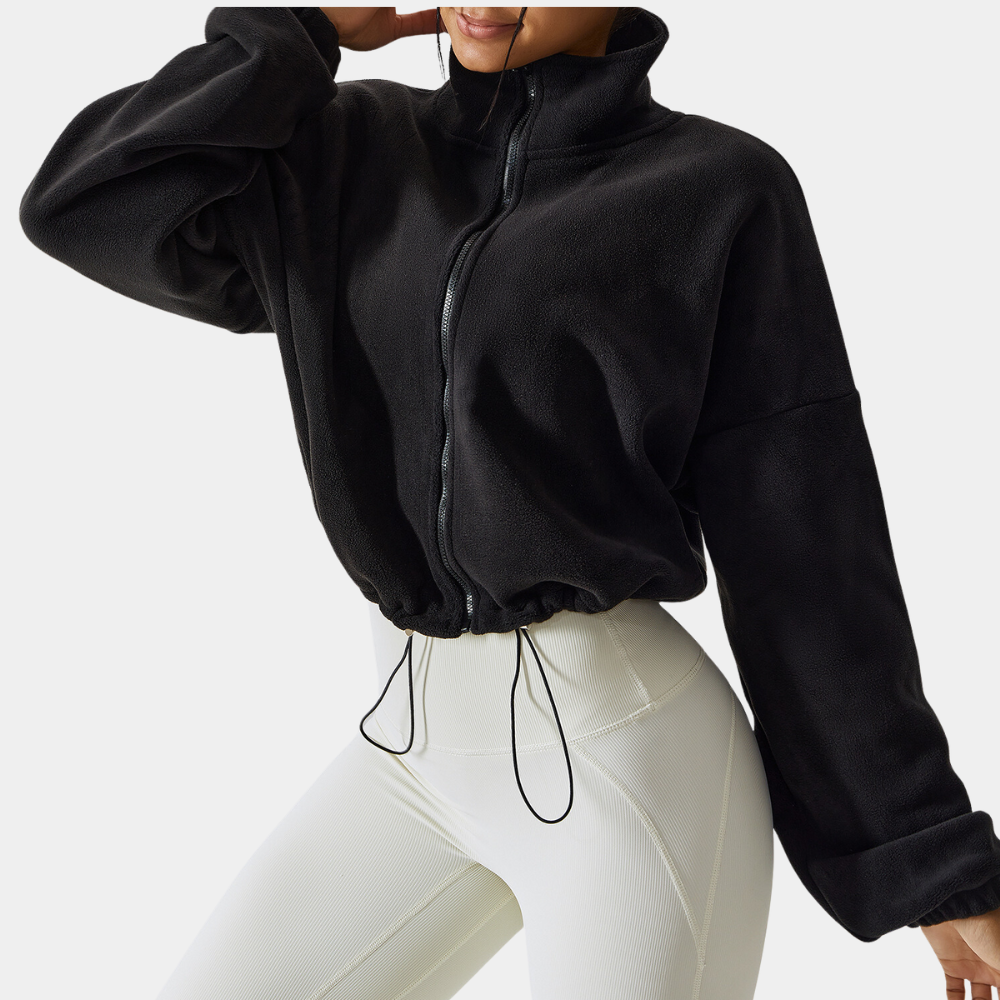 Street Wave Cropped Winter Jacket For Women Warm Cozy Fleece Zip Front Drawstring Hem