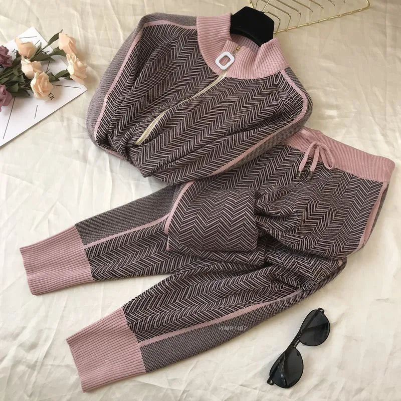Streetwave Zipper Knit Set For Women Cozy Herringbone Loungewear With Modern Fit
