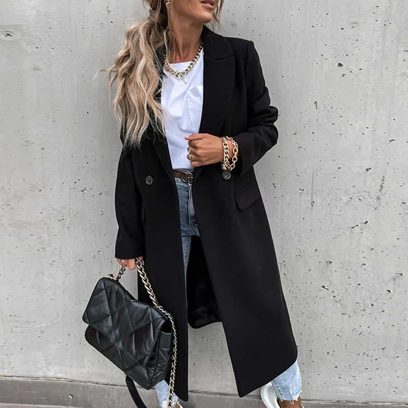 Street-Wave Wool Coat With Tailored Fit And Ankle Length Double Button Closure For Modern Women