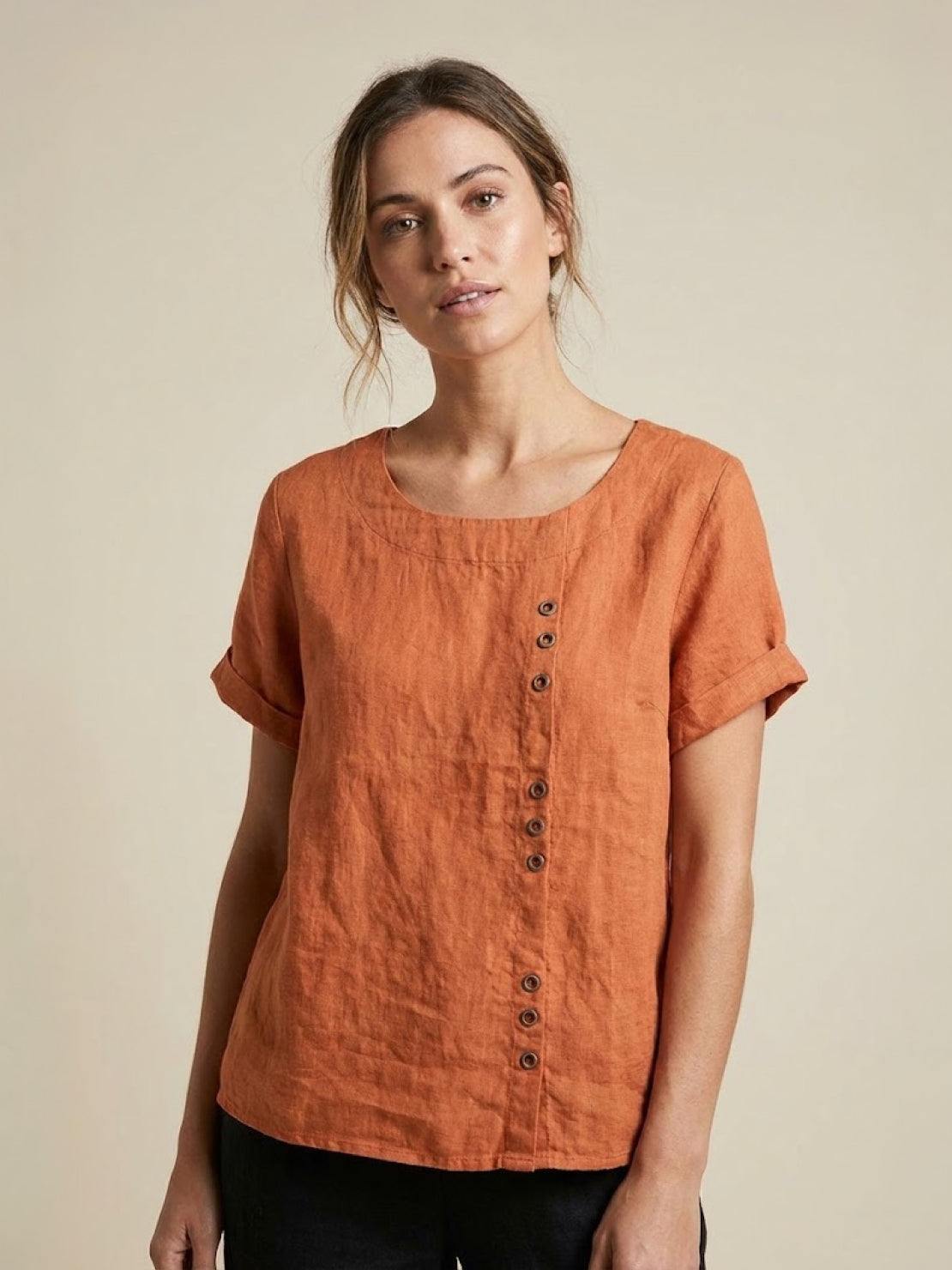 Women's Short Sleeve Top with Scoop Neck and Button Detail
