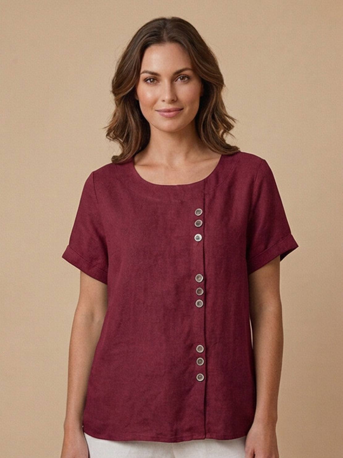 Women's Short Sleeve Top with Scoop Neck and Button Detail