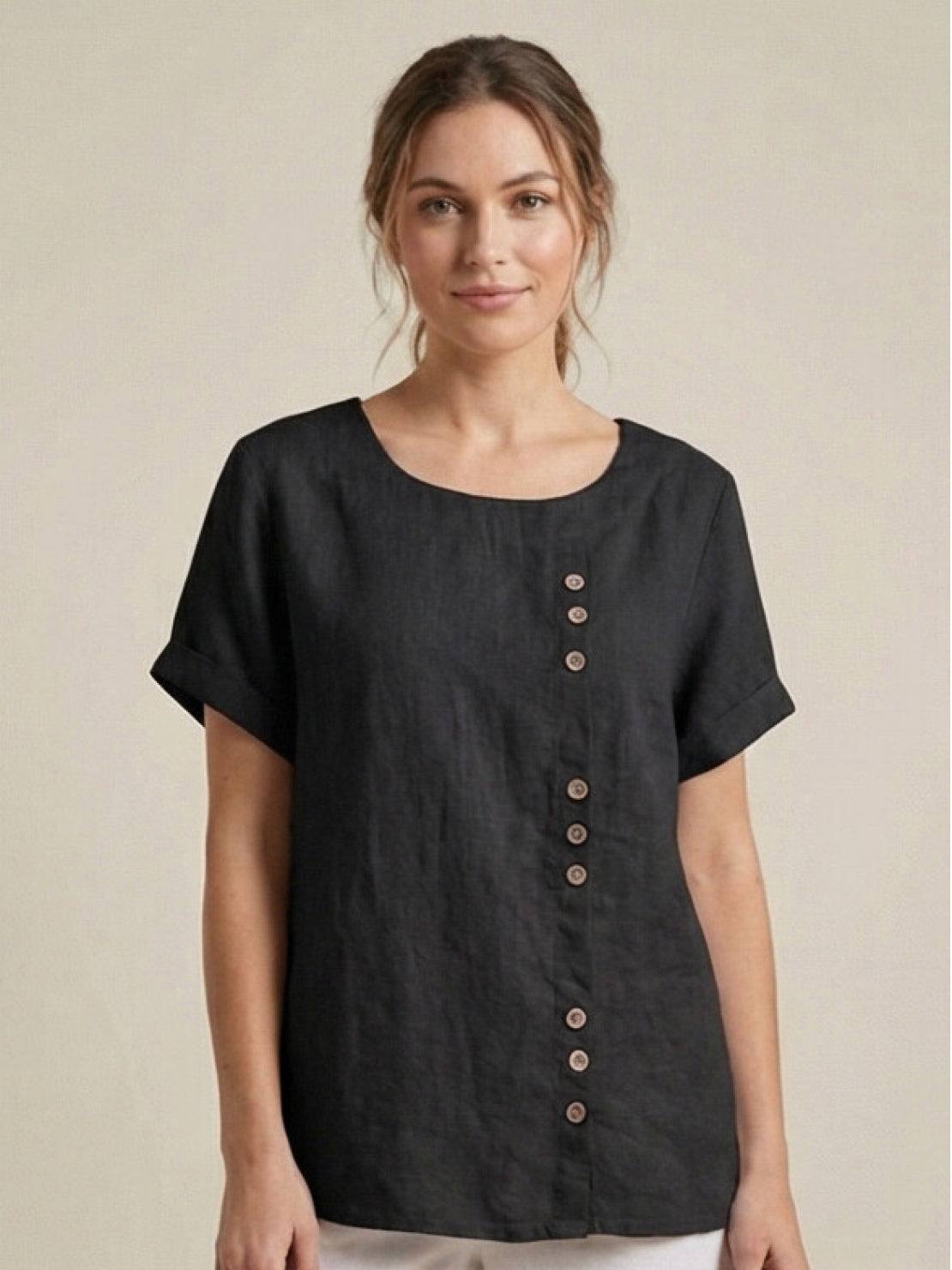 Women's Short Sleeve Top with Scoop Neck and Button Detail