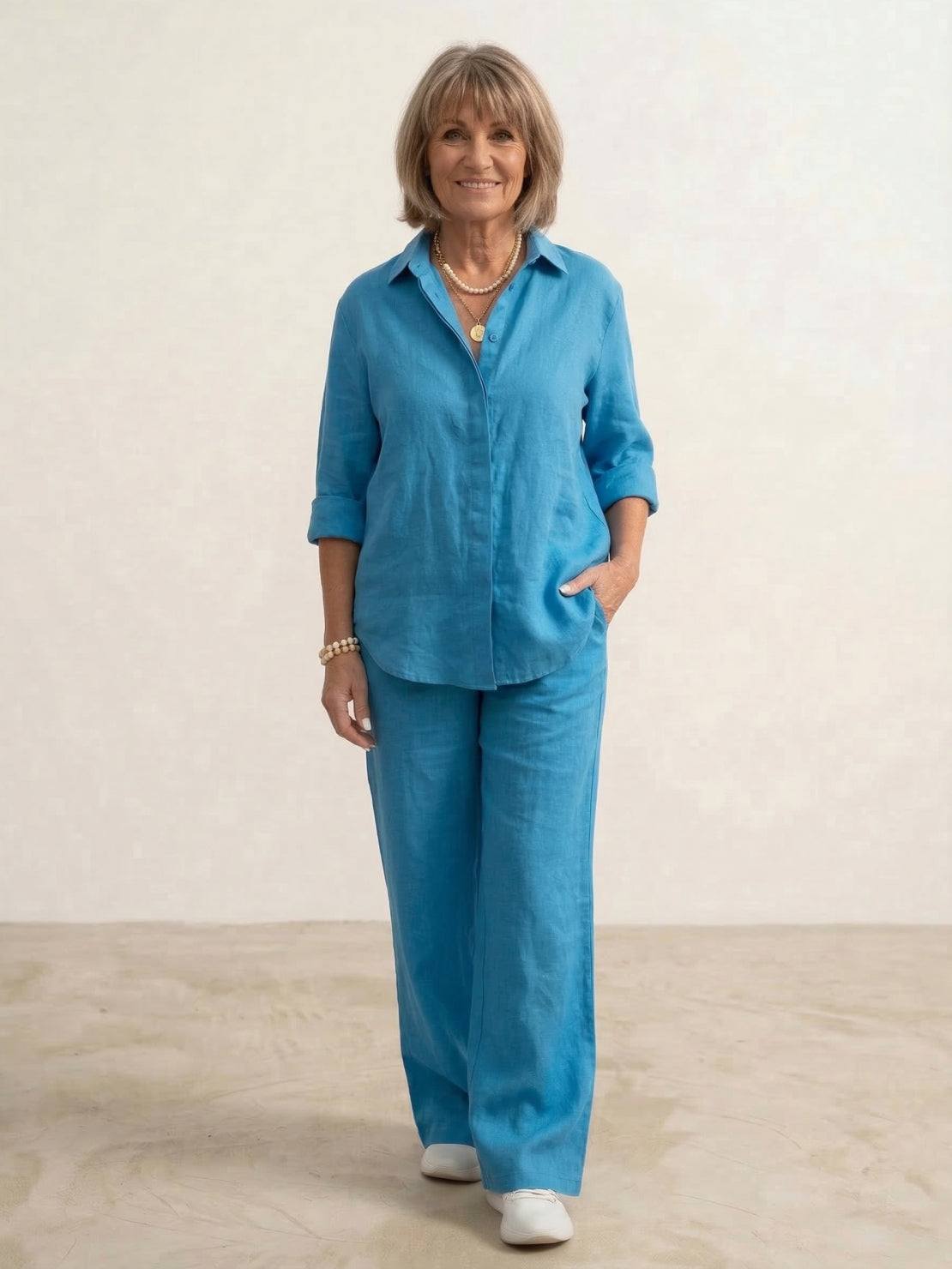 Women's Button-Down Shirt with Wide-Leg Trousers Set