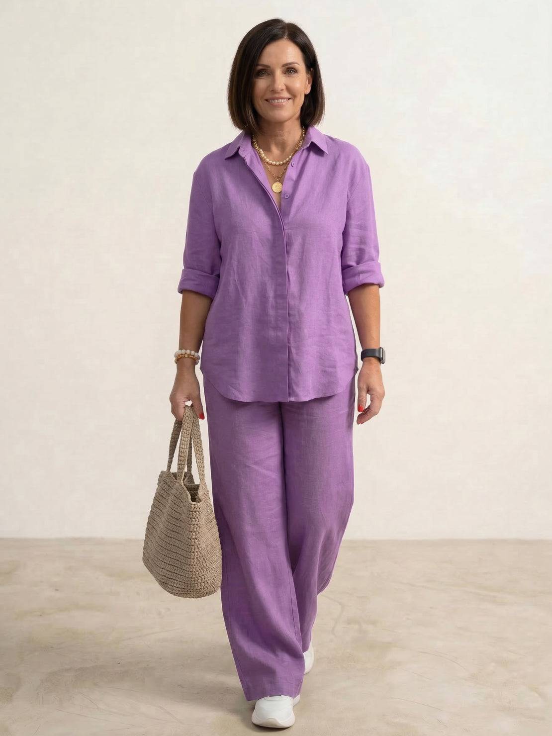 Women's Button-Down Shirt with Wide-Leg Trousers Set