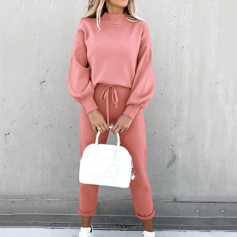 Street-Wave Loungewear Set For Women Cozy Minimalist Two Piece With Rollneck Sweater And High Waist Joggers