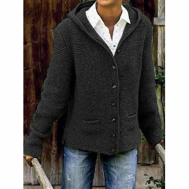 Street-Wave Long Hooded Knit Coat For Women With Button Closure Pockets Cotton-Poly Blend Cozy Warmth And Style