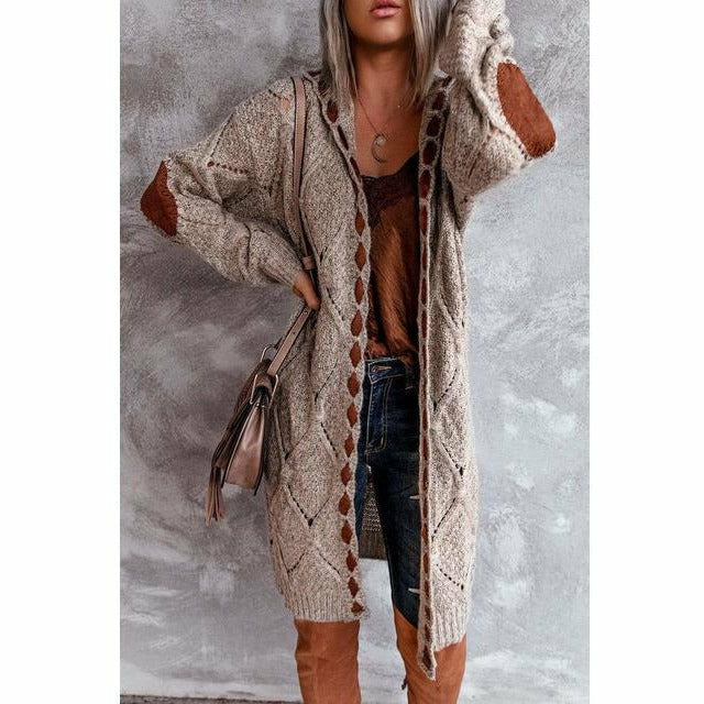 Street Wave Long Hooded Knit Cardigan With Patchwork Detail For Women Cozy Relaxed Fit