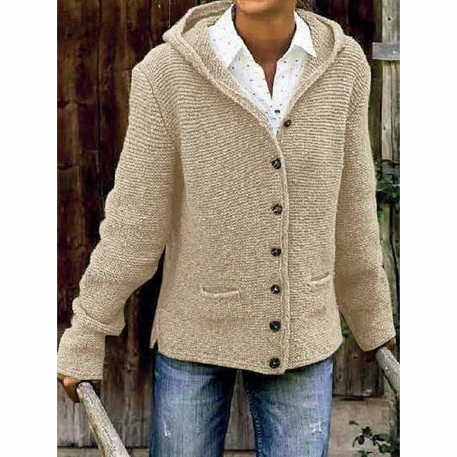 Street-Wave Long Hooded Knit Coat For Women With Button Closure Pockets Cotton-Poly Blend Cozy Warmth And Style