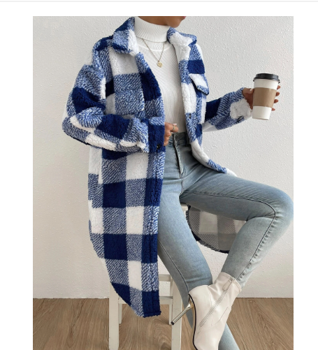 Street-wave Sherpa Jacket For Women Warm Plush Cozy Coat With Checkered Pattern Style