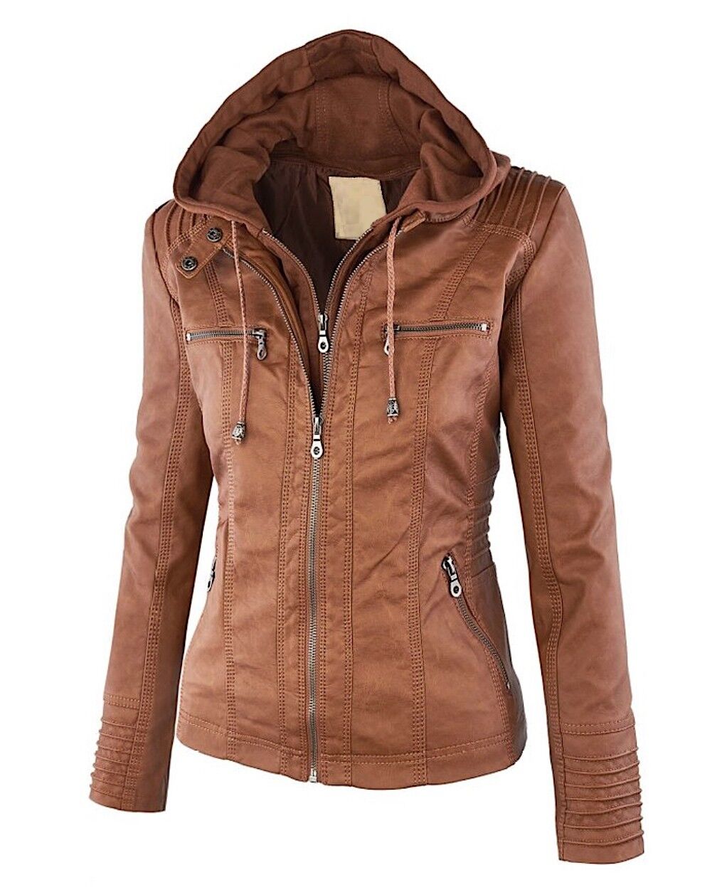Street-Wave Leather Jacket For Women Warm Stylish Hooded Biker Coat With Zippers