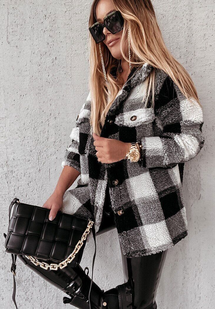 Street-Wave Teddy Jacket For Women Cozy Plush Sherpa Lined Checkered Outerwear Chic And Warm