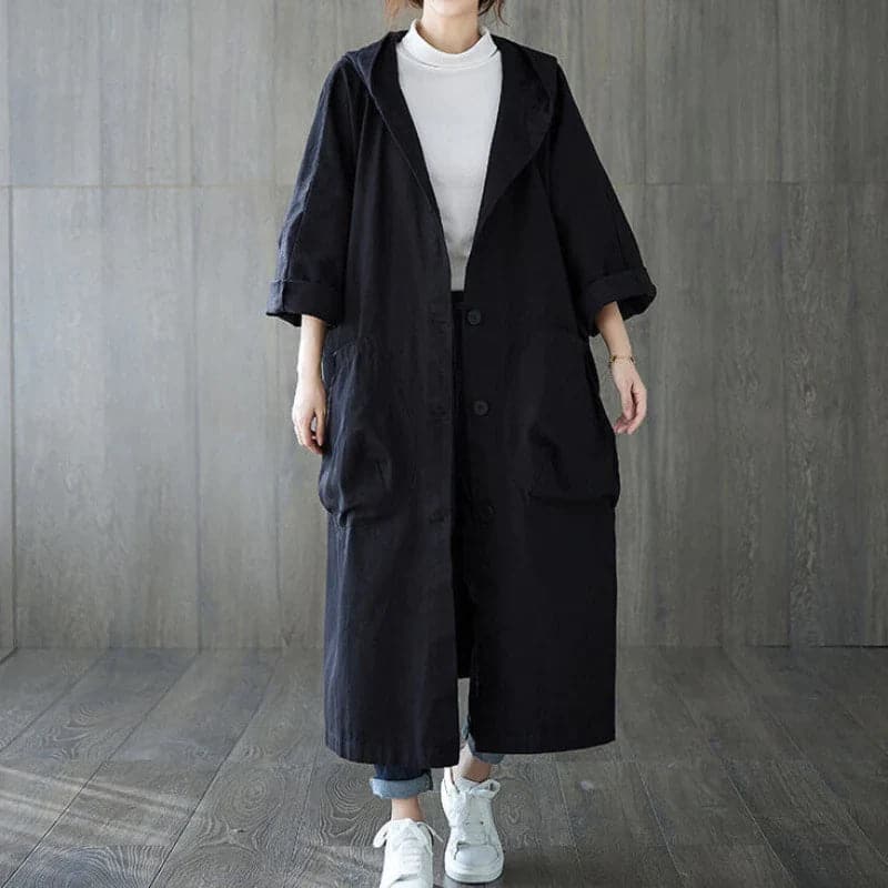 Street-wave Oversized Trench Coat With Hood For Women, Large Pockets, Classic Button Closure
