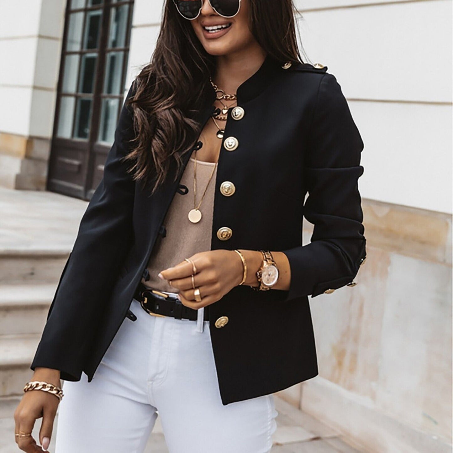 Street Wave Modern Elegant Blazer For Women Navy Tailored Jacket With Gold Button Detail