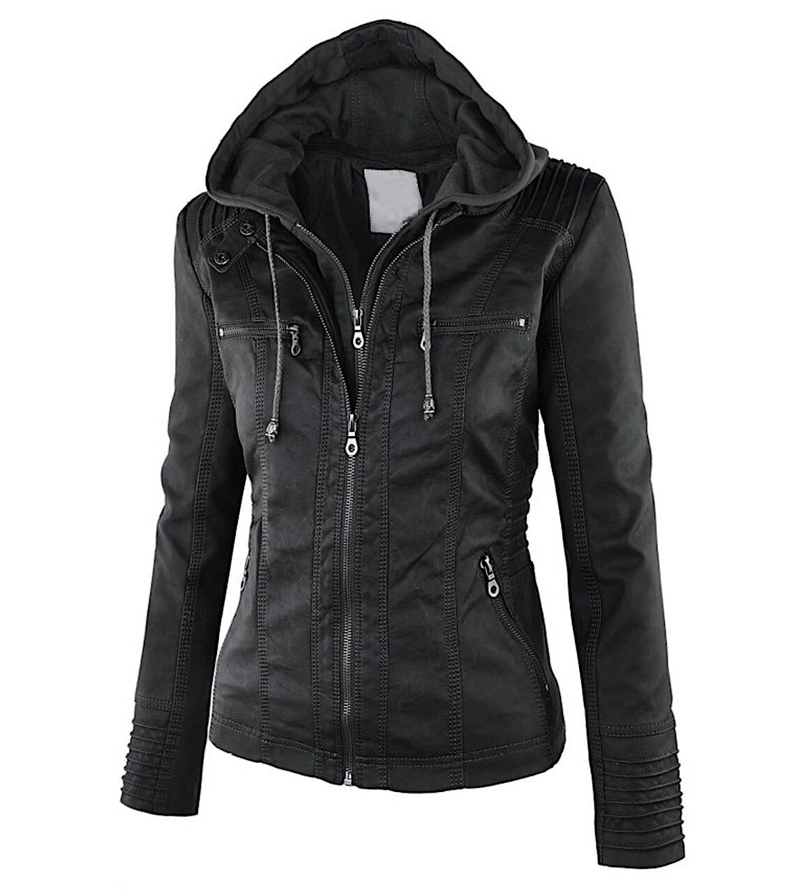 Street-Wave Leather Jacket For Women Warm Stylish Hooded Biker Coat With Zippers