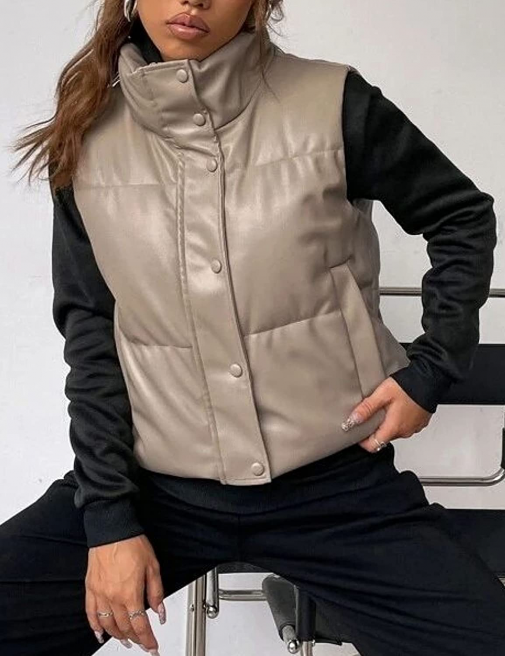 Street-Wave Leather Padded Vest For Women Short Stand Collar Zip Front Chic Winter Warmth