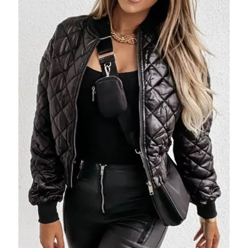 Street-Wave Quilted Padded Bomber Jacket for Women, Lightweight Warmth, Diamond Stitch