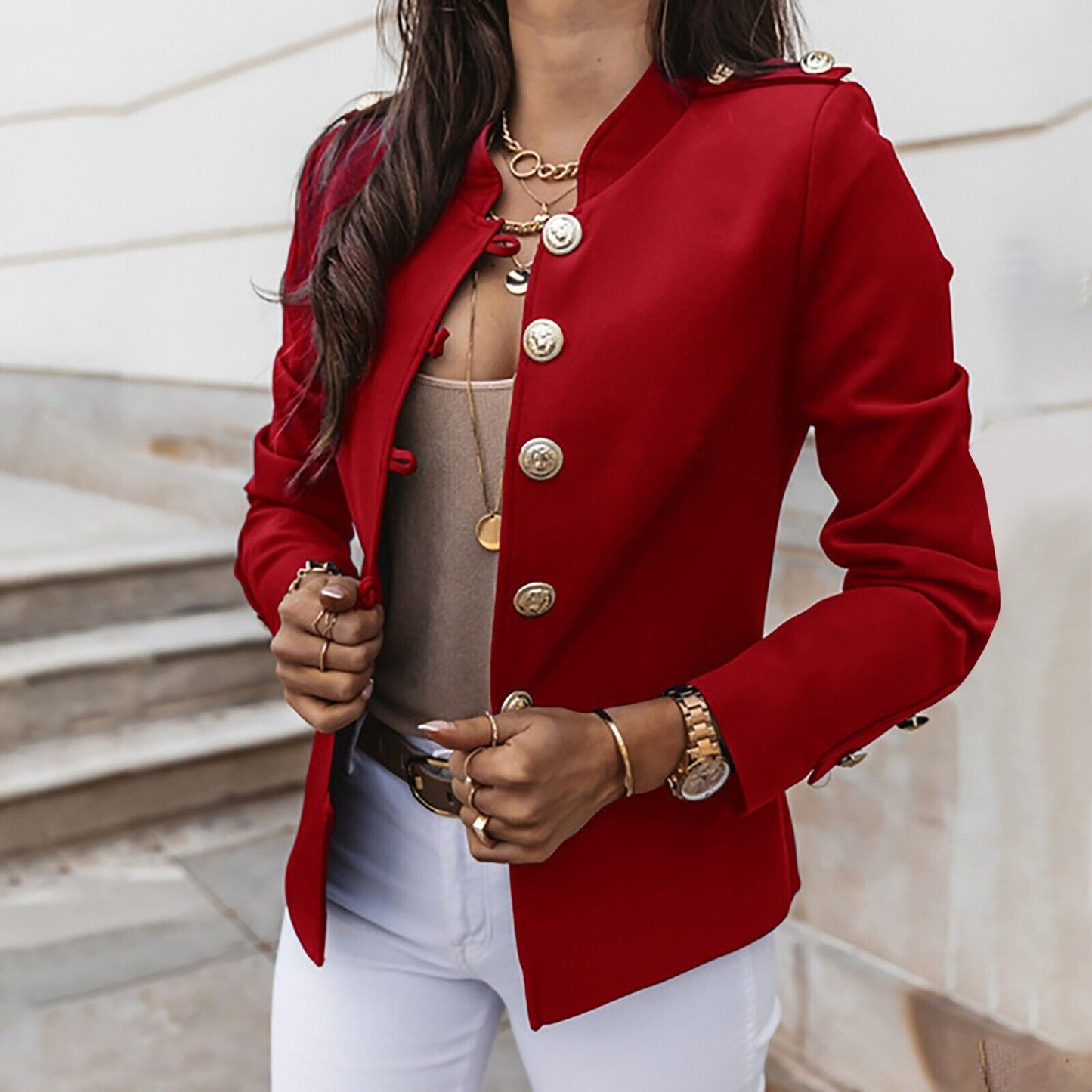 Street Wave Red Tailored Blazer With Gold Buttons For Women Warmth And Modern Chic Style