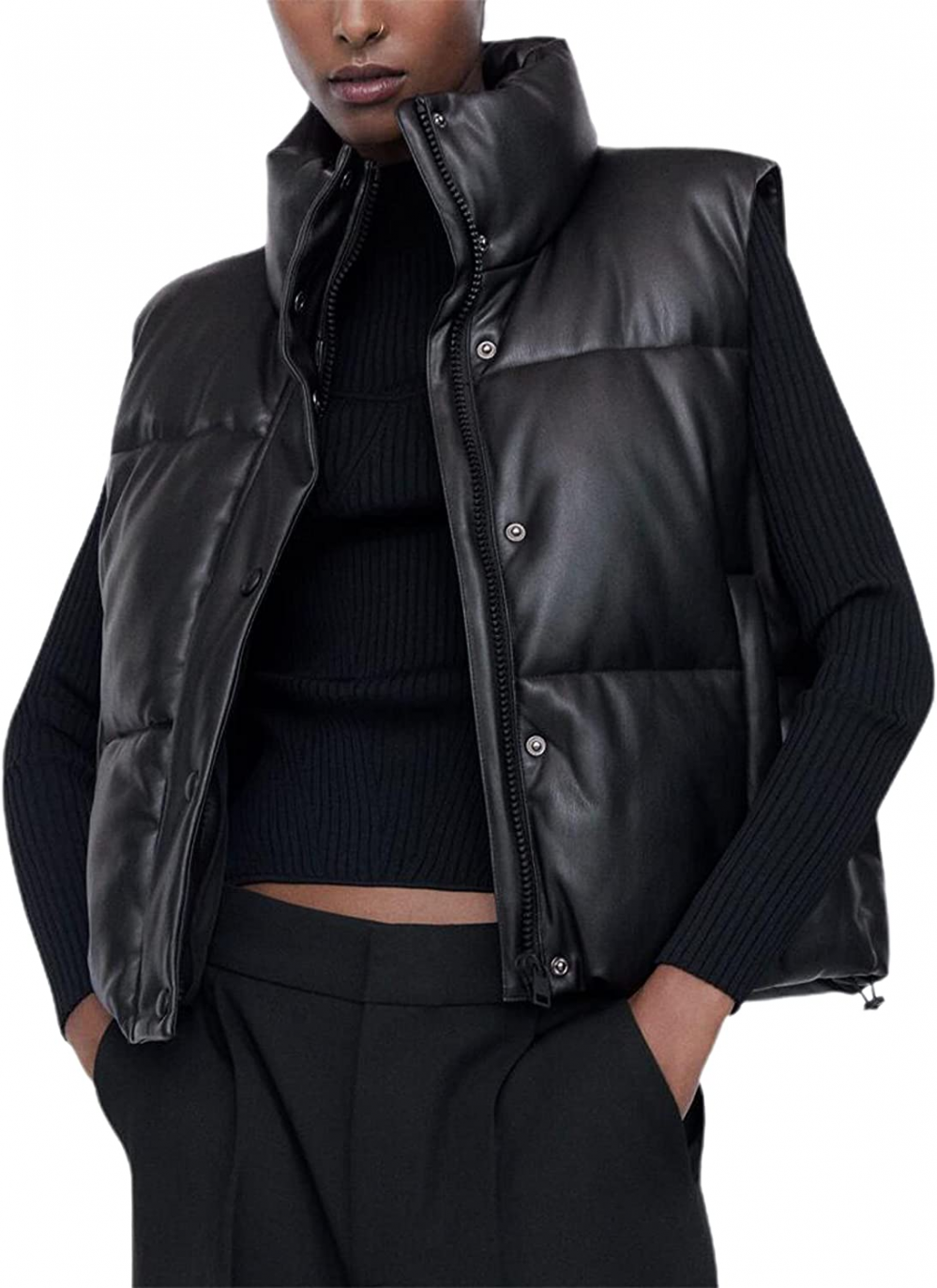 Street-Wave Leather Padded Vest For Women Short Stand Collar Zip Front Chic Winter Warmth