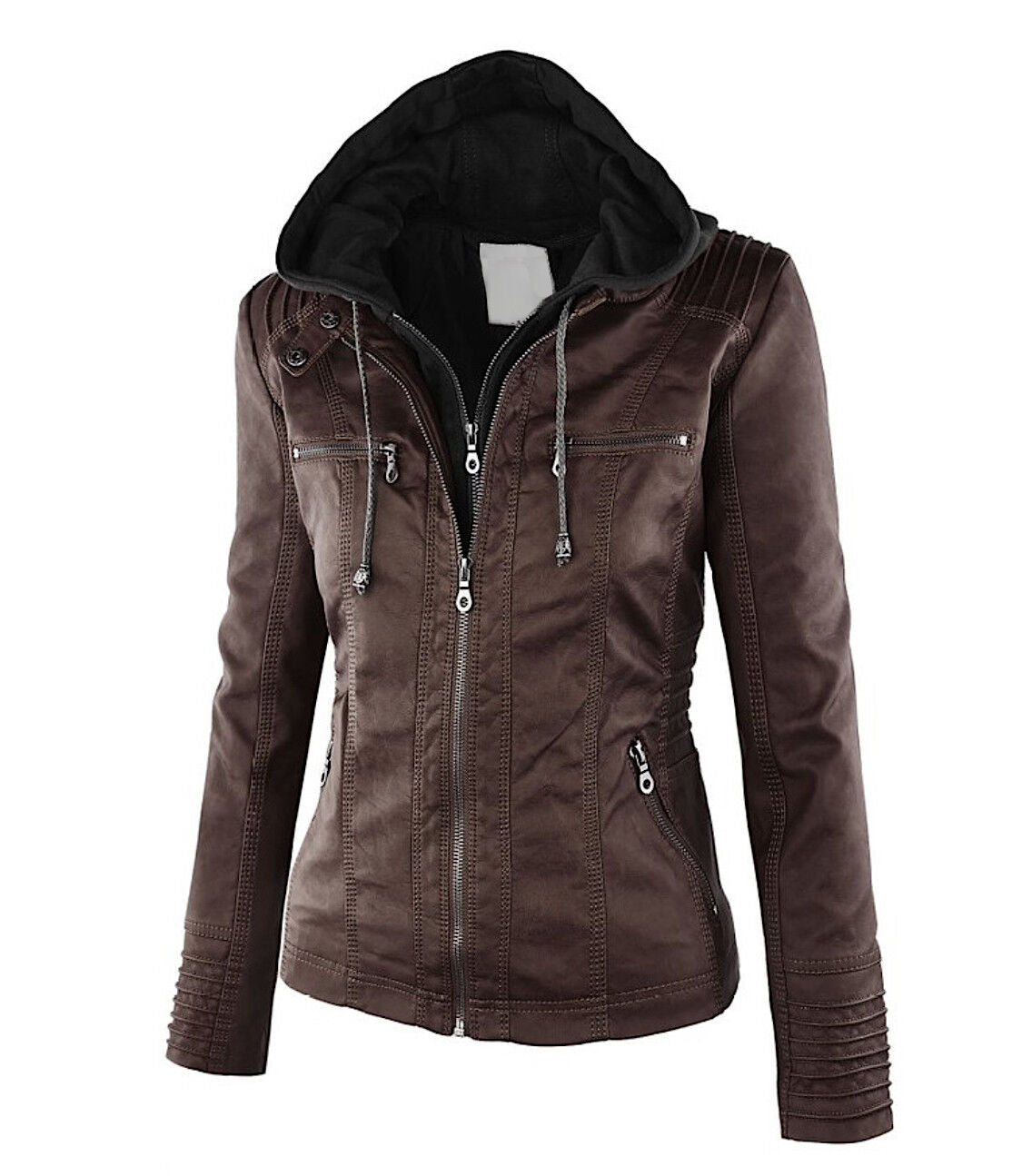 Street-Wave Leather Jacket For Women Warm Stylish Hooded Biker Coat With Zippers