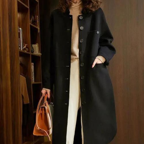 Street-wave Wool Blend Coat For Women Long Structured Fit With Lapel Collar And Flap Pockets