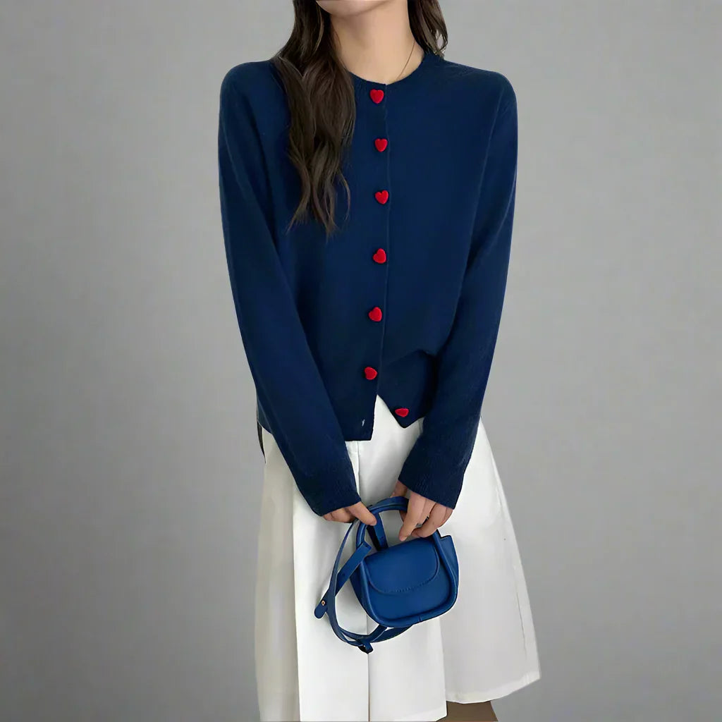 Street-wave Cozy Knit Cardigan With Soft Plush Warmth And Heart Buttons For Women