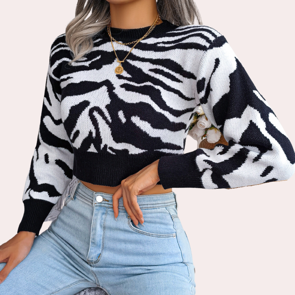 Street-Wave Cropped Animal Print Knit Sweater For Women Soft Trendy Everyday Wear