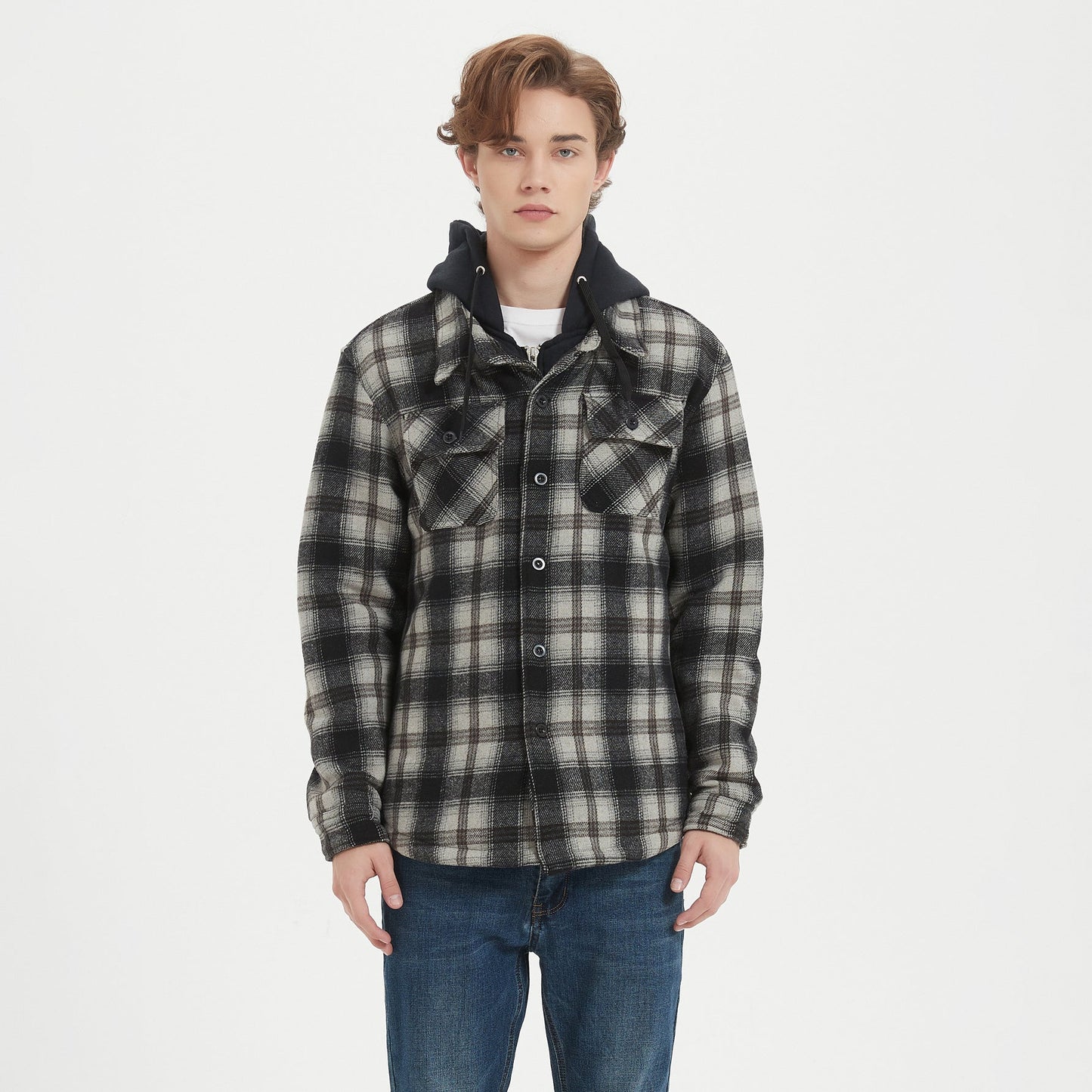 Street-Wave Hooded Plaid Jacket For Men Versatile Urban Outerwear With Durable Fabric