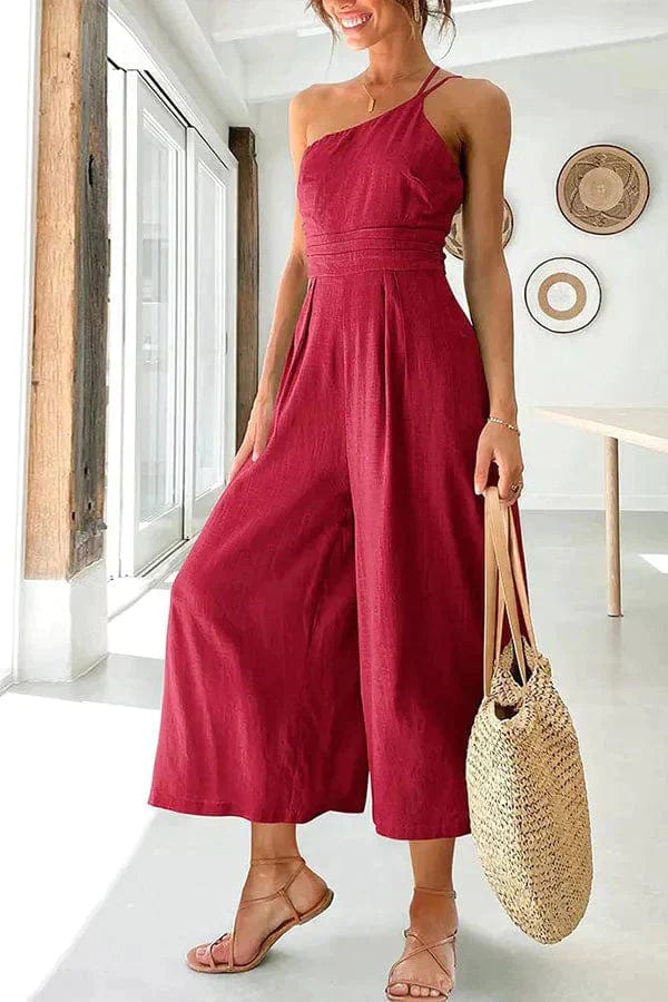 One Shoulder Jumpsuit Women Breathable Cotton With Fitted Waist Street Wave