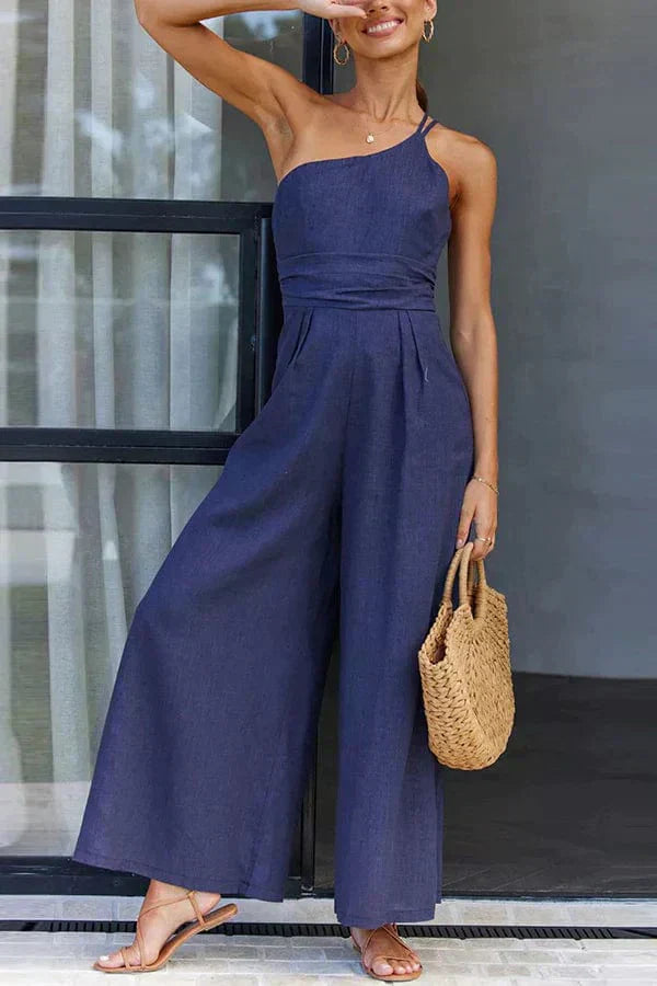 One Shoulder Jumpsuit Women Breathable Cotton With Fitted Waist Street Wave