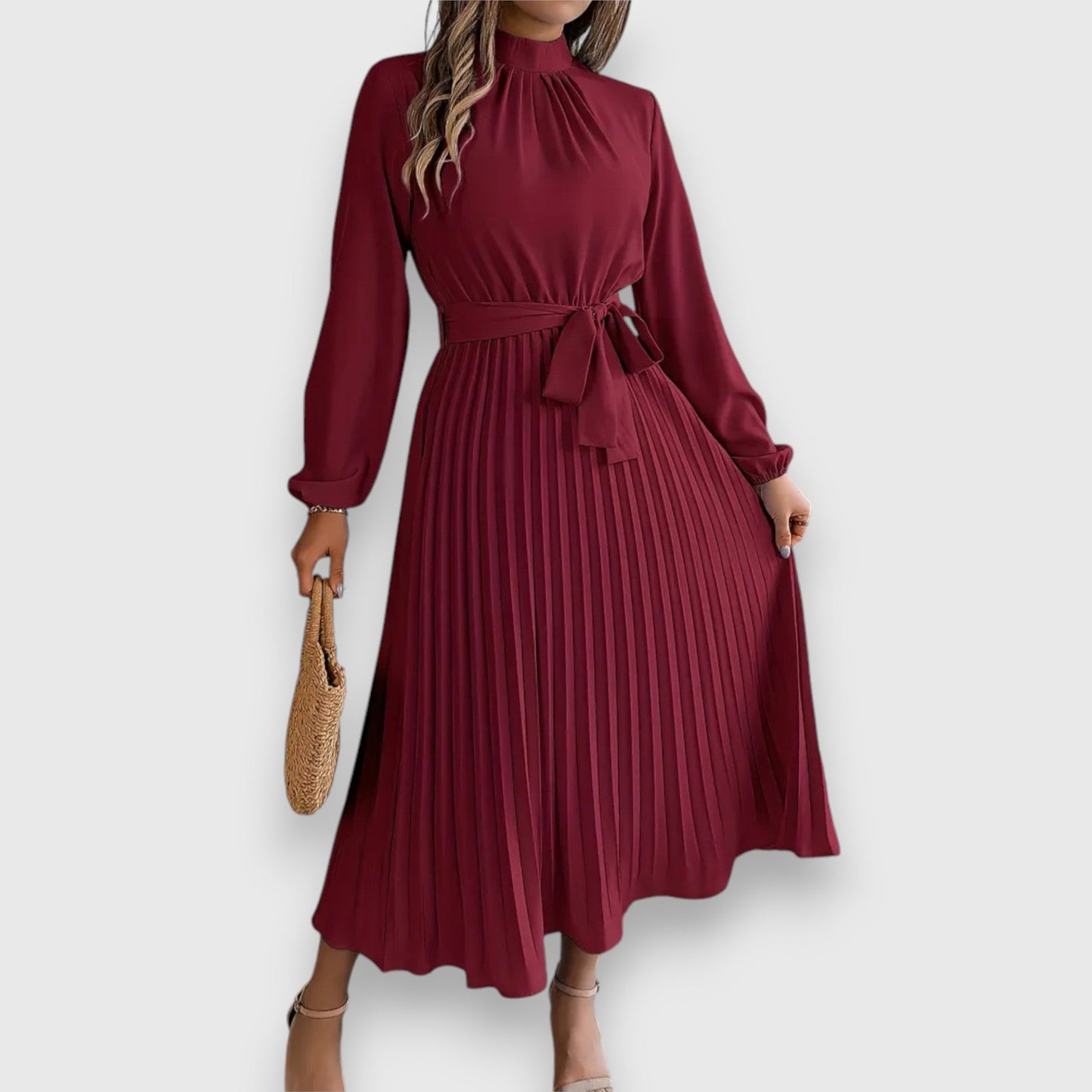 Women's Pleated Midi Dress with Flared Skirt and Sleeveless Design